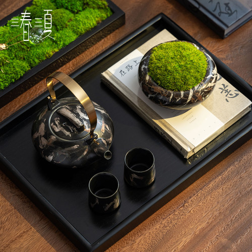 新中式办公室茶桌茶几桌面搭配软装饰品茶室香炉茶具托 托盘组合