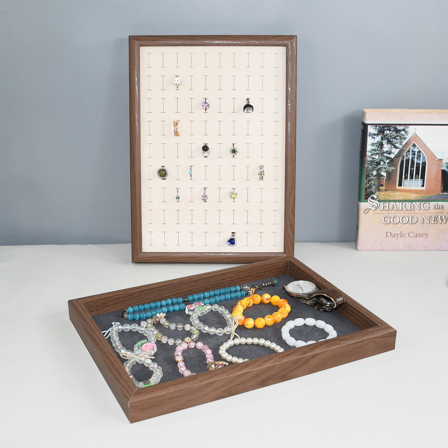 深胡桃色看货盘戒指托盘复古耳钉耳环收纳盒子项链手串摆摊展示架