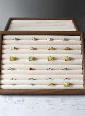 深胡桃色看货盘戒指托盘复古耳钉耳环收纳盒男女指环盒摆摊展示架