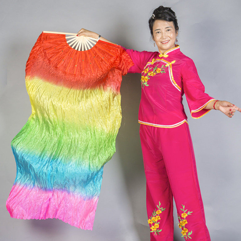 舞蹈扇子五彩渐变秧歌扇加长长绸扇彩扇广场舞跳舞扇表演扇长扇子