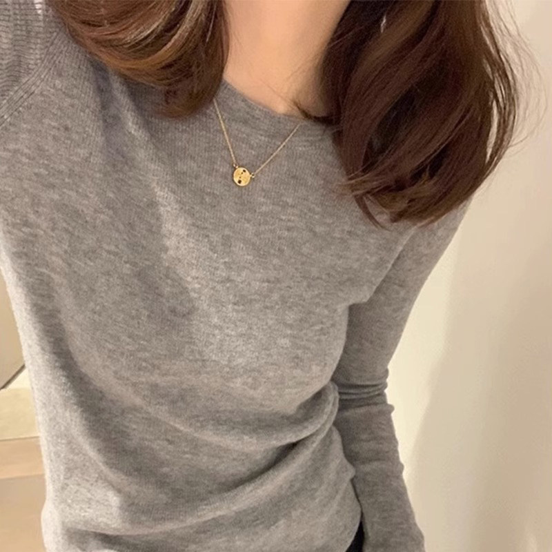 高级感灰色针织衫女2025新款薄款长袖内搭毛衣秋冬圆领上衣打底衫
