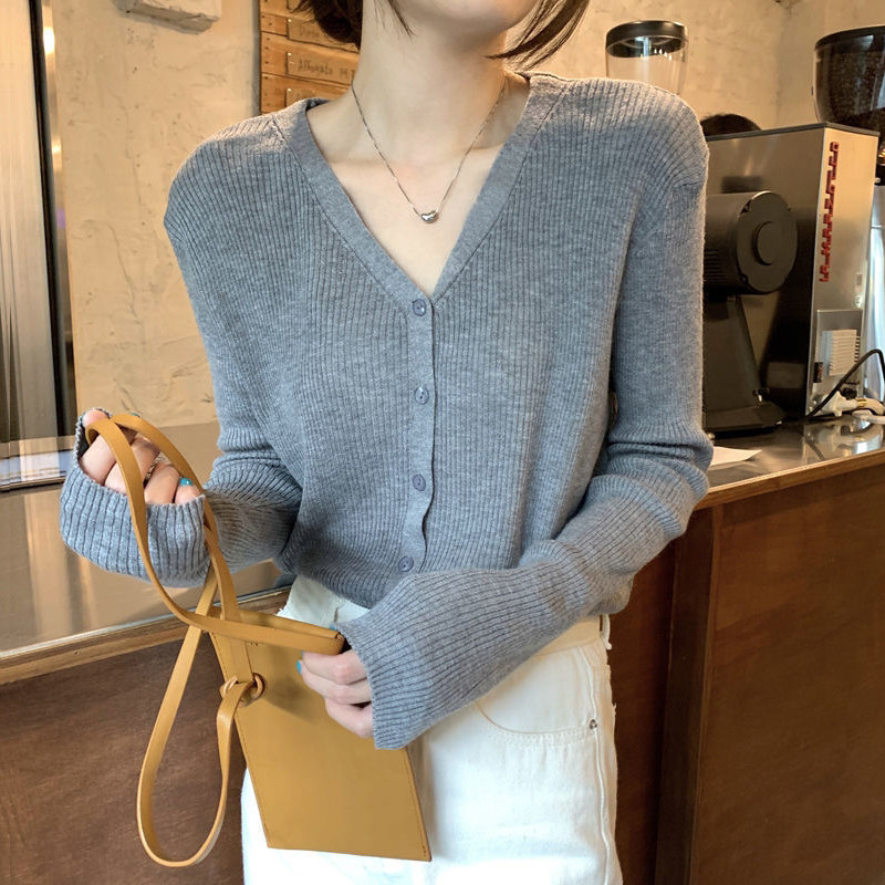 针织衫v领开衫女2025新款黑色薄款打底上衣秋季灰色内搭毛衣外套