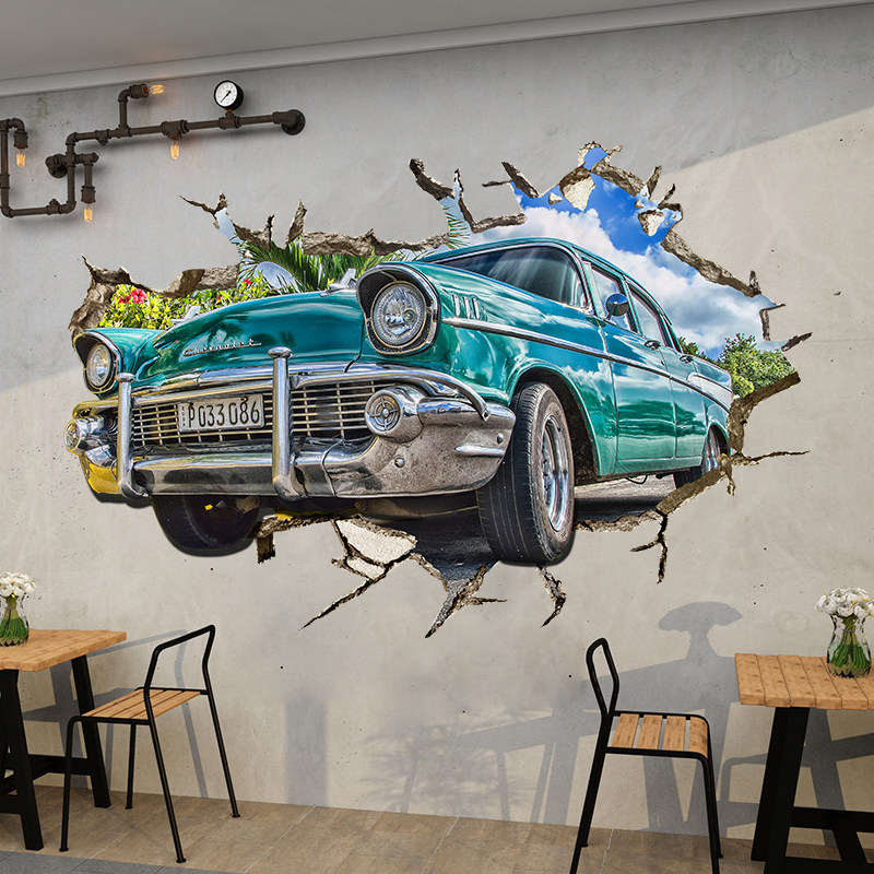 个性复古怀旧工业风壁纸3D汽车破墙主题墙纸 ktv酒吧餐厅大型壁画
