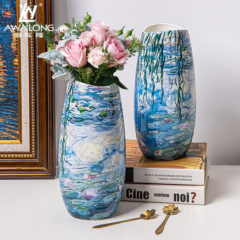 莫奈-睡莲高档花瓶骨瓷轻奢风家居装饰品现在复古高级感客厅摆件