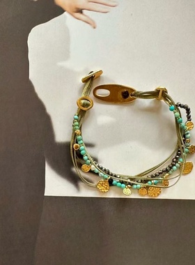 精致百搭~全手工珠串18K金锤纹圆片 绿松石淡水珍珠925银手链