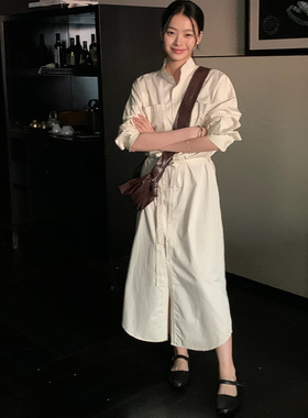 Lema*风格~经典口袋腰带 衬衫式立领长款连衣裙