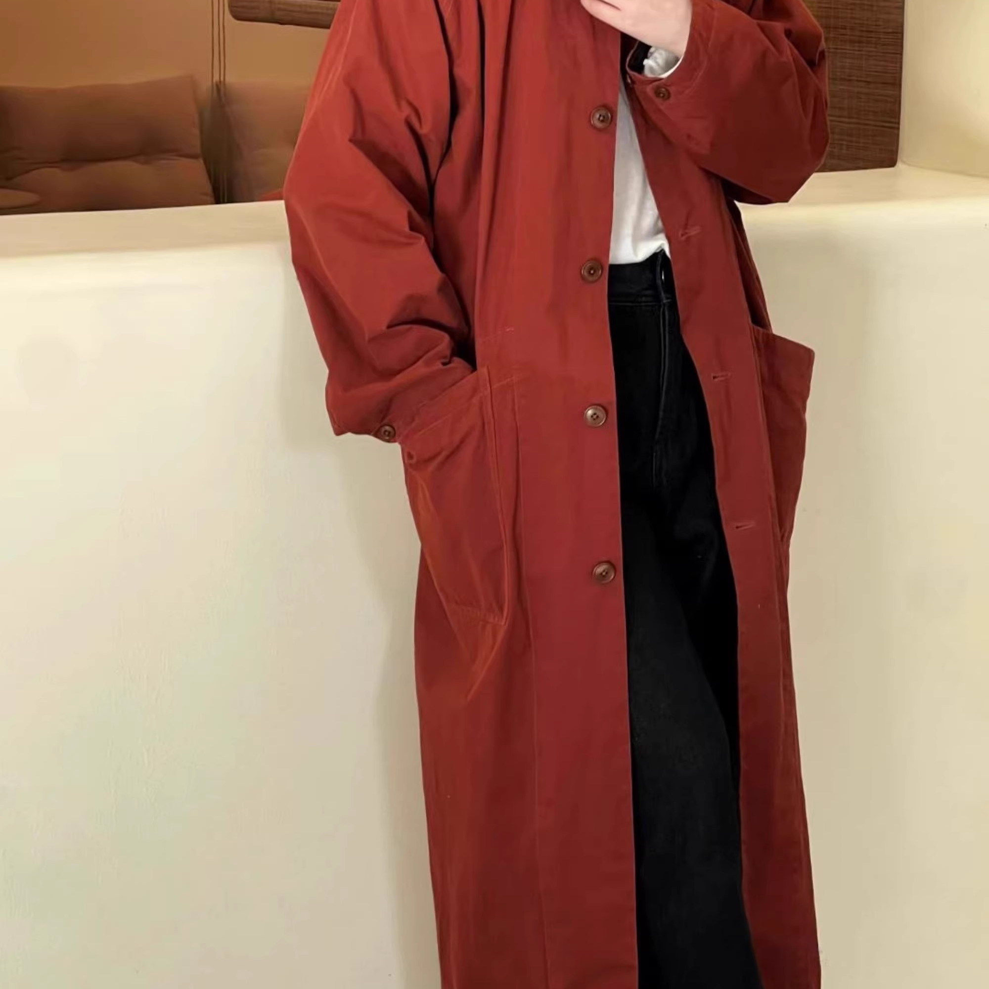 日系古着~棉质巨显白定染珊瑚红 灯芯绒翻领后开叉设计风衣 外套