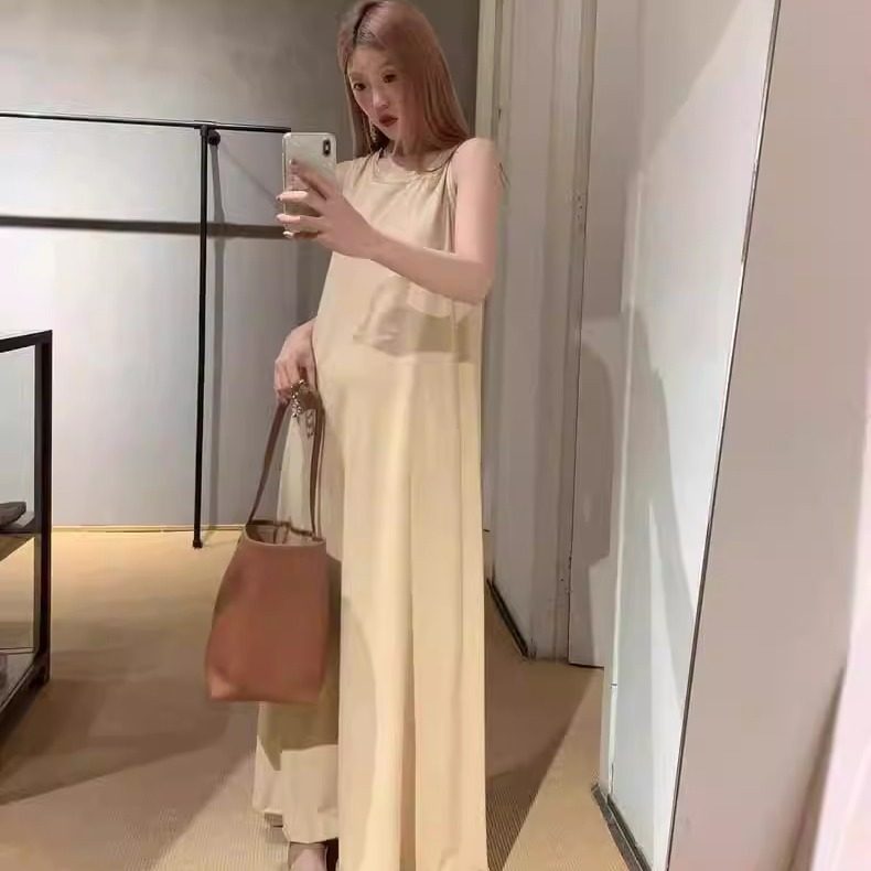 复古小众~炒色做旧拼接真丝鱼尾裙摆 显瘦A字无袖连衣裙