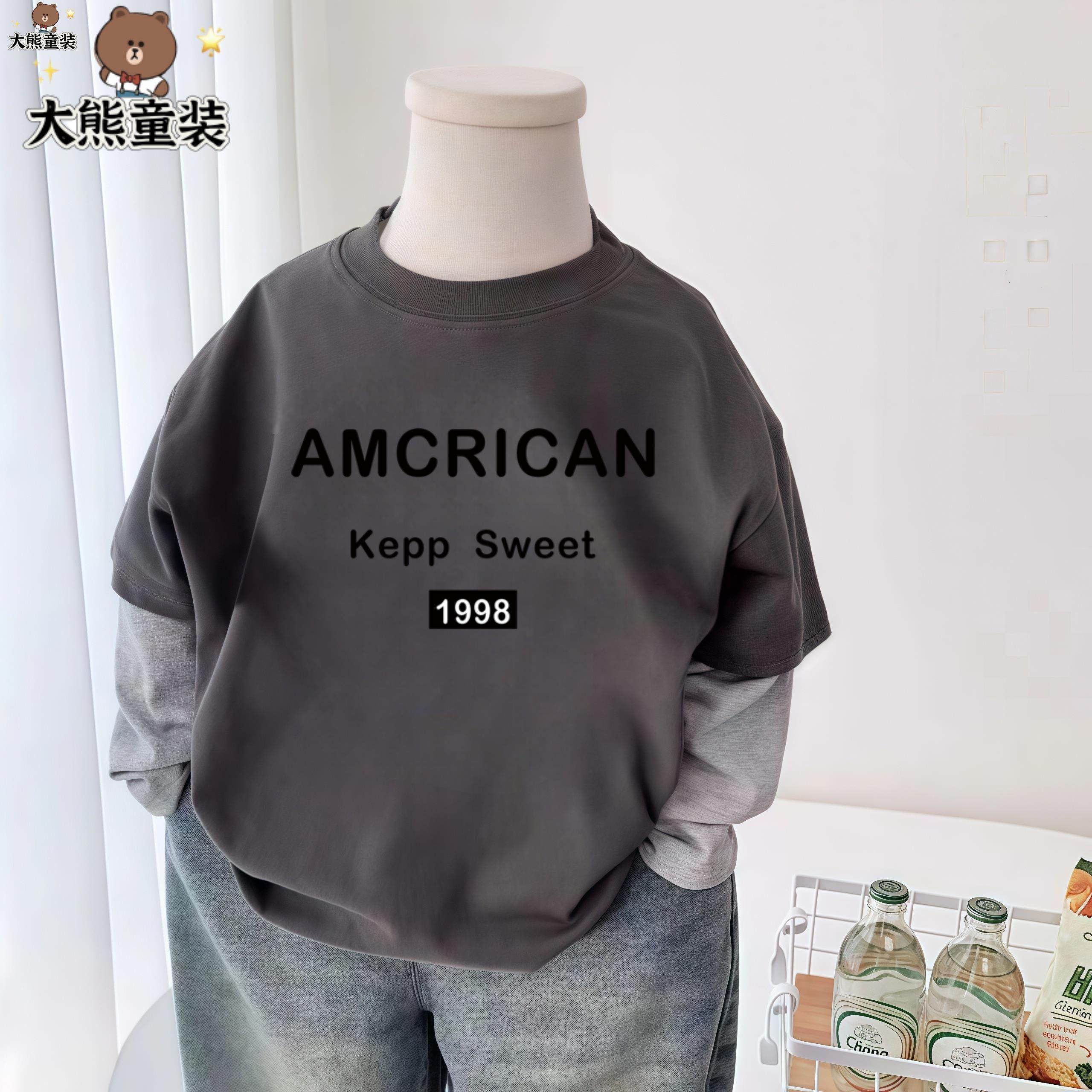 男童春秋季纯棉t恤打底衫新款儿童假两件长袖薄款中大童帅气上衣t