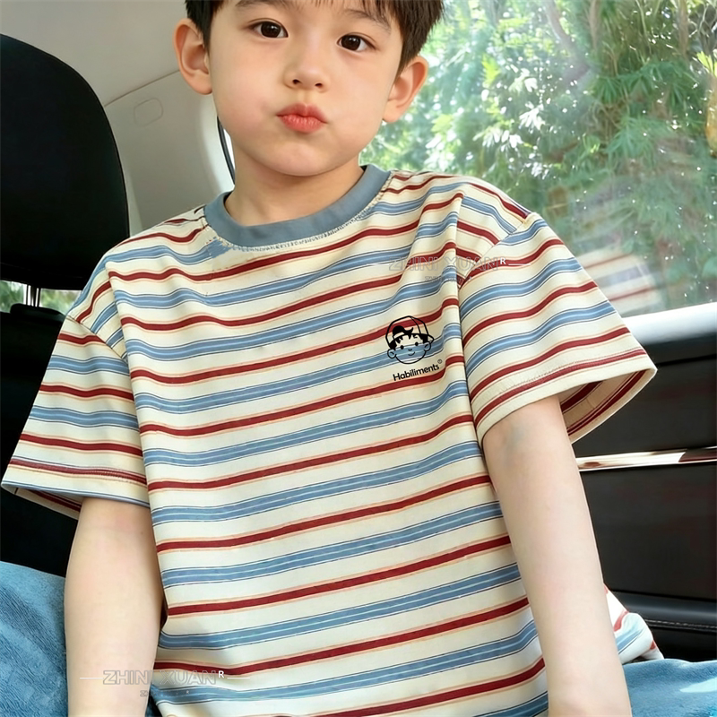 2026新款夏季童装儿童条纹短袖男童T恤洋气卡通小人上衣夏装潮