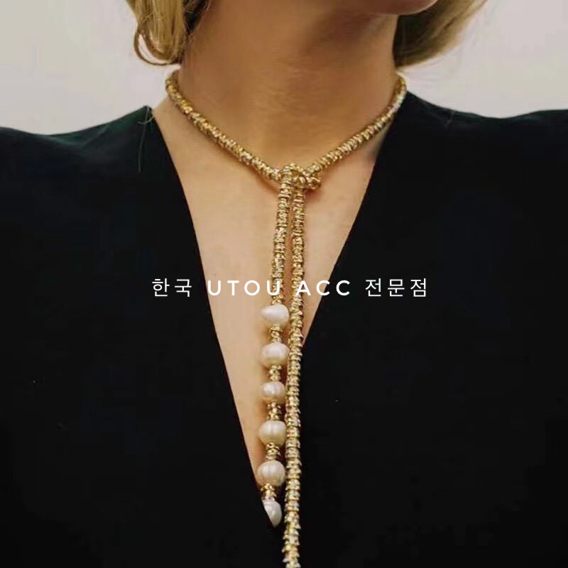 utou挪威小众Pearl Octopuss.Y同款超闪钻霓虹淡水珍珠流苏项链