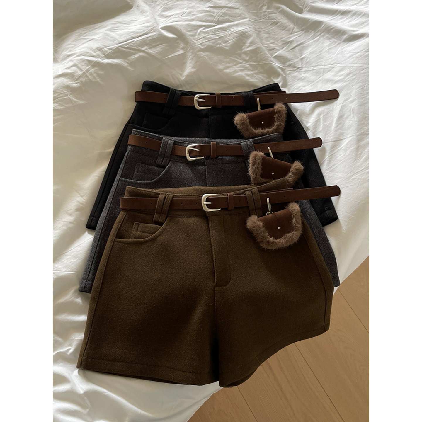 棕咖色毛呢休闲短裤女大码胖mm