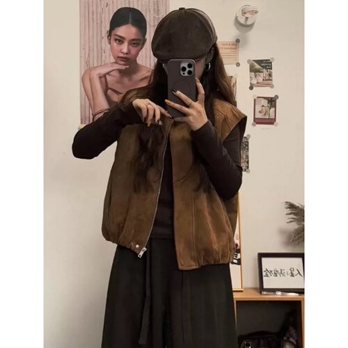 巨好看的咖色工装马甲女秋冬2025