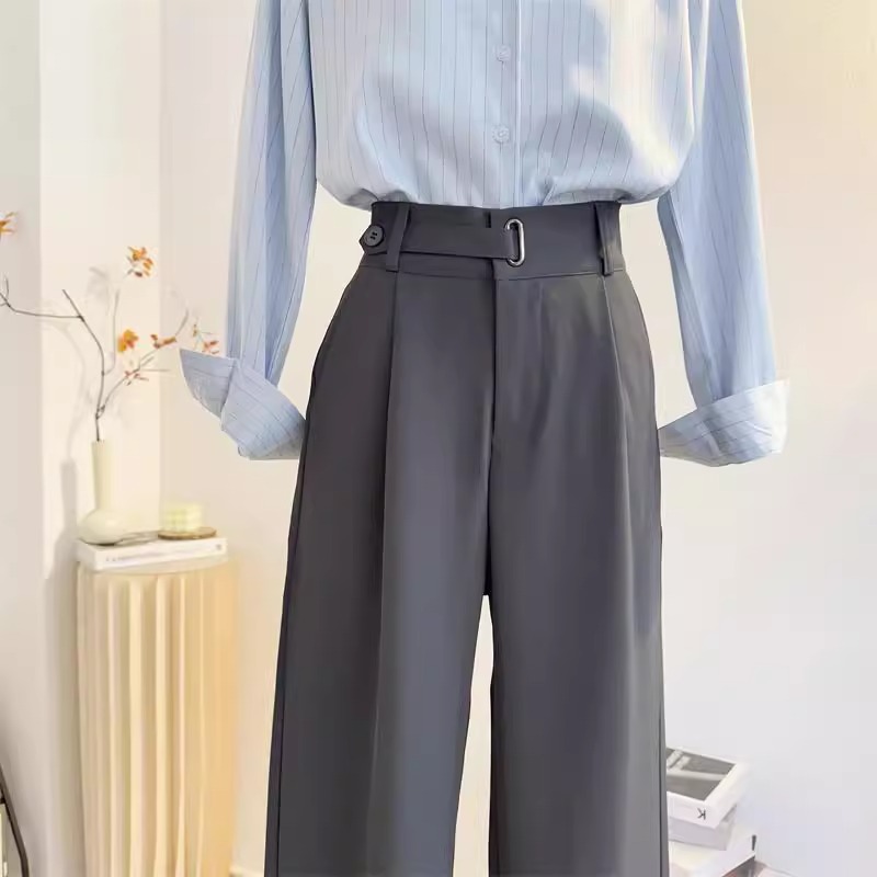 灰色西装裤女2025年夏季高腰直筒宽松垂感窄版阔腿裤显瘦休闲西裤
