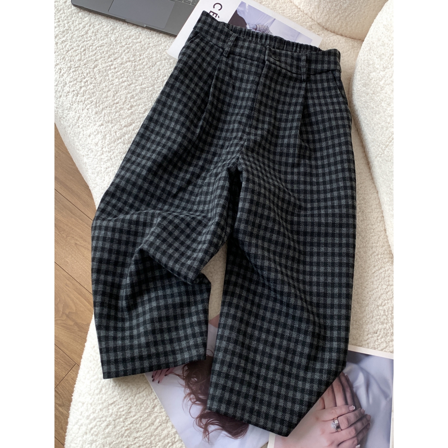 秋冬新款格子毛呢阔腿裤八分裤女