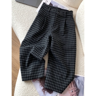 春季新款格子毛呢阔腿裤八分裤女微胖mm宽松直筒九分裤高腰休闲裤