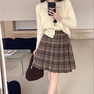 高腰格子毛呢半身裙女秋冬大码学院风A字呢子半裙微胖mm百褶短裙
