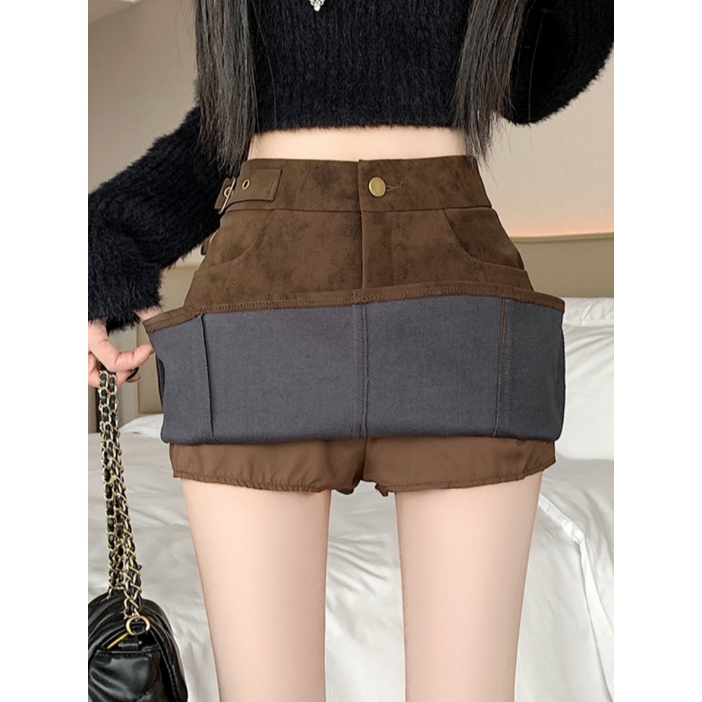 秋冬辣妹百搭包臀裙防走光高腰A字短裙微胖mm咖色鹿皮绒半身裙女