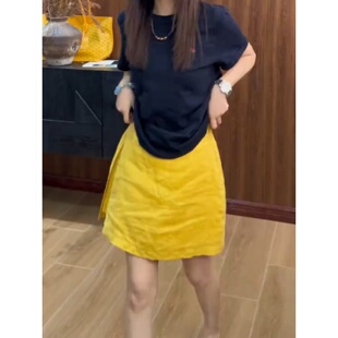 微胖mm复古亚麻半身裙女秋季设计感双侧开叉短裙高腰显瘦运动裙裤