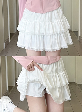 胖mm白色法式蕾丝花边短裙女春秋新款高腰显瘦a字蓬蓬蛋糕半身裙