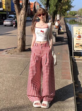 韩版红色格子裤子女2026年春季新款撞色休闲裤显瘦宽松直筒阔腿裤