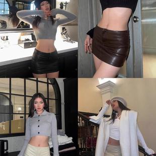 美式复古咖啡色皮裙女小个子pu皮短裙辣妹包臀裙秋季半身裙短裤裙