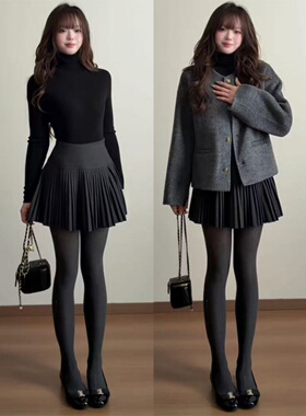 大码毛呢黑色半身裙女2026春季高腰防走光jk裙子显瘦a字百褶短裙