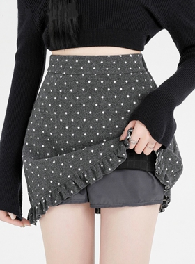 胖mm韩系灰色波点毛呢半身裙女春季加厚木耳边A字短裙高腰包臀裙