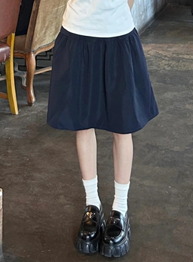 学院风百搭半身裙女秋法式复古松紧高腰防走光a字伞裙藏蓝色裙子