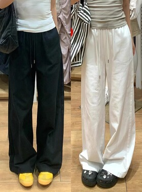 大码白色运动休闲裤女春季胖mm高腰直筒显瘦梨形身材窄版阔腿裤子