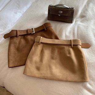 大码 胖mm美拉德麂皮绒复古包臀裙半身裙女设计感短裙棕色皮裙春季