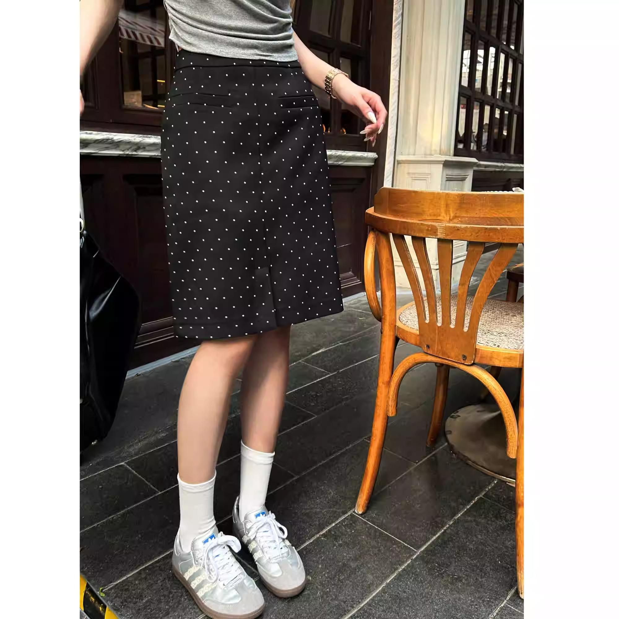 波点半身裙女夏季款2025新款中长款高腰遮胯显瘦开叉包臀裙一步裙