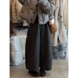 胖mm宽松显瘦垂感休闲直筒裤 大码 冬季 黑色格子毛呢九分阔腿裤 女装