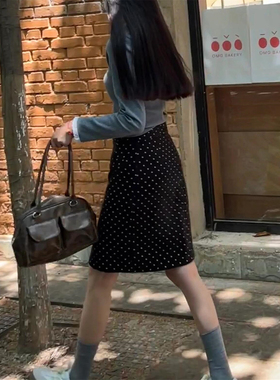 韩系波点半身裙女夏季微胖mm黑色a字开叉裙高腰包臀中裙斑点短裙