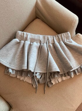 元气芭蕾灰色抽绳半身裙女大码春季新款辣妹显瘦松紧低腰a字短裙