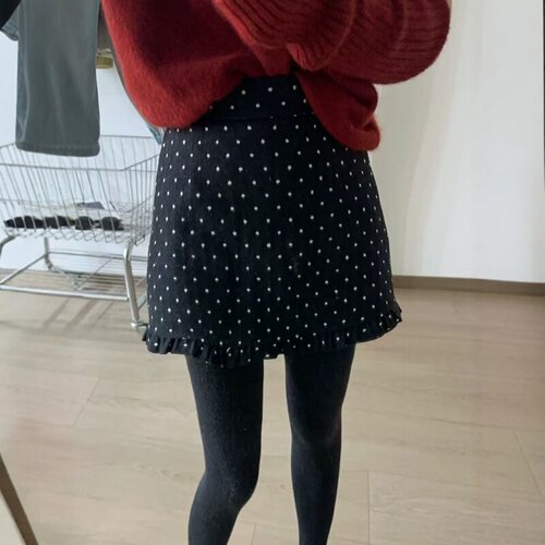 波点花边A字毛呢半身裙女防走光