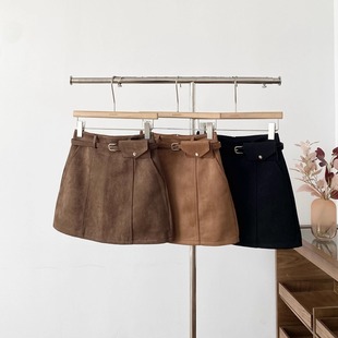 韩版 新款 包臀a字短裙 胖mm春季 高腰防走光棕色麂皮绒半身裙女大码