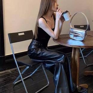 直筒裤 2026春季 高腰显瘦宽松小个子女长裤 PU皮高级洋气阔腿裤 皮裤