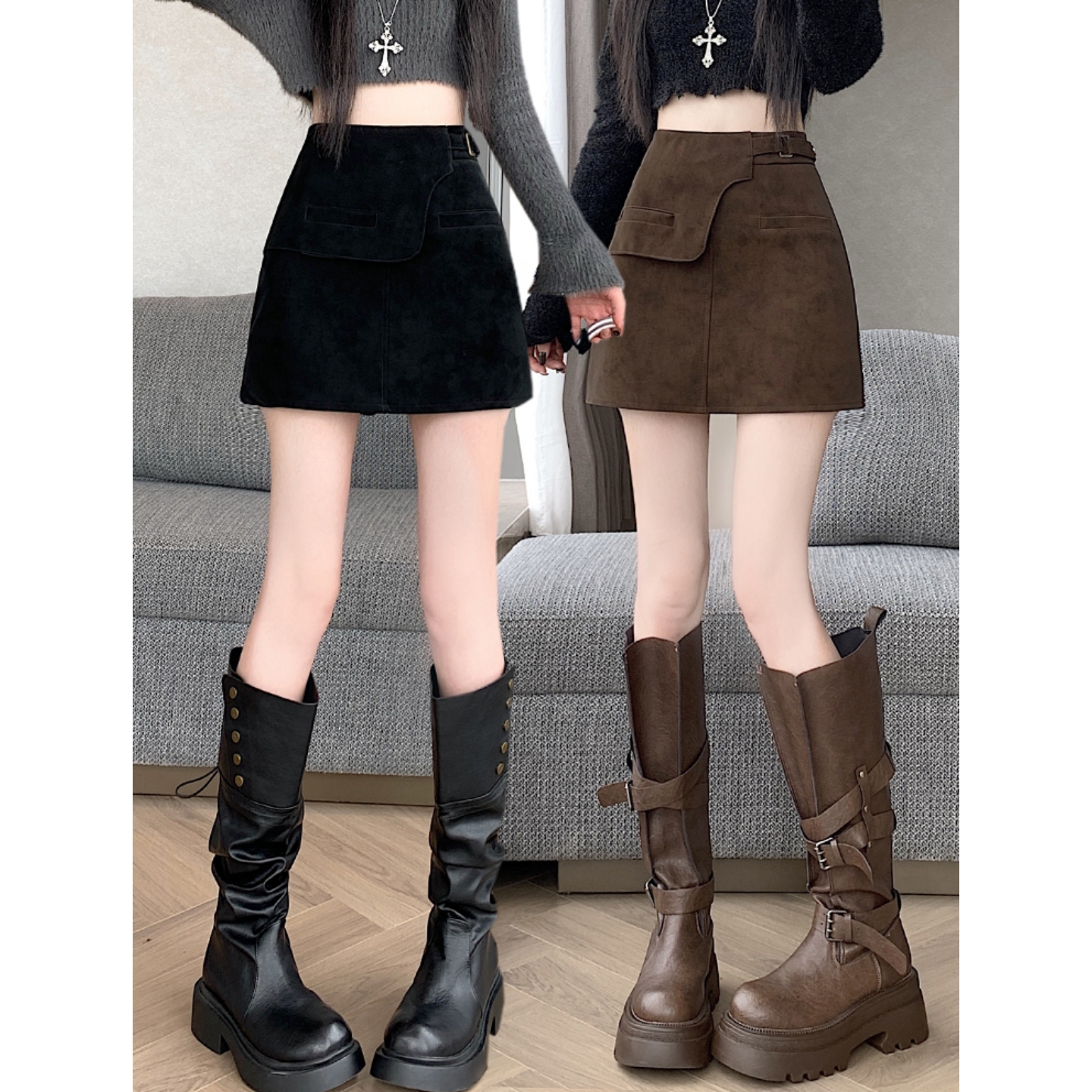 棕色鹿皮绒半身裙女秋冬新款高腰不规则复古胖mm显瘦a字包臀短裙