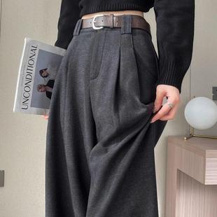 高级感毛呢西装裤女秋季高腰直筒阔腿裤梨型身材女款呢子休闲长裤