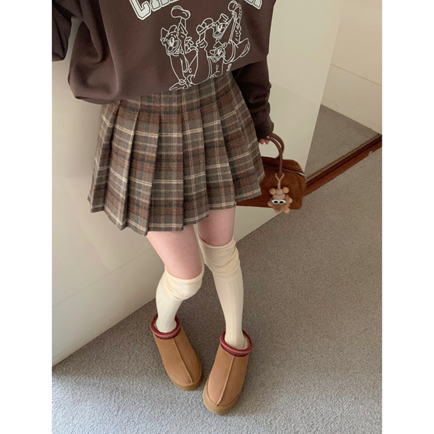 大码学院风复古毛呢格纹半身裙女