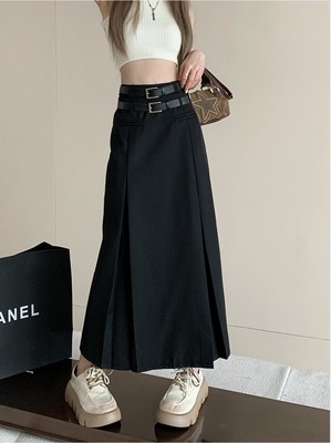 美式a字遮胯百褶显瘦中长裙