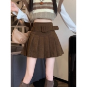 胖妹妹咖啡色灯芯绒百褶半身裙女秋冬新款 小个子高腰显瘦a字短裙