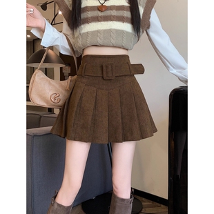 胖妹妹咖啡色灯芯绒百褶半身裙女秋冬新款小个子高腰显瘦a字短裙