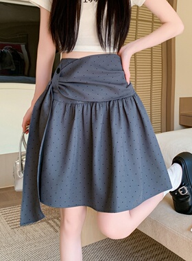 大码灰色不规则波点半身裙女夏季新款小个子a字中裙遮胯百褶短裙