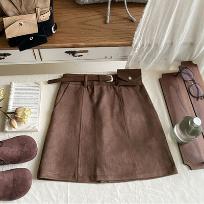 大码复古棕色麂皮绒配腰包半身裙