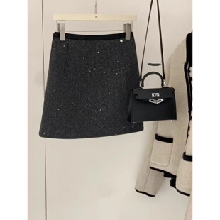 高级感亮片A字半身裙女春季新款大码胖妹妹高腰显瘦毛呢包臀短裙