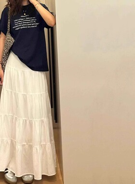 白色拼接褶皱半身裙女春季复古小个子百搭大摆伞裙高腰蛋糕长裙子