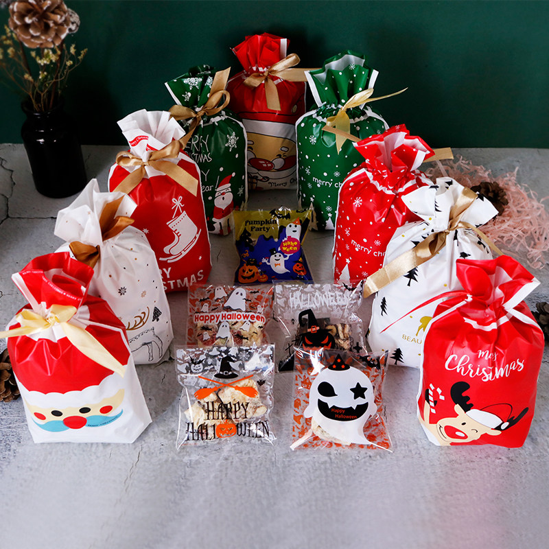 雪花酥包装袋圣诞节抽绳袋万圣节自粘袋曲奇饼干牛轧糖礼品束口袋