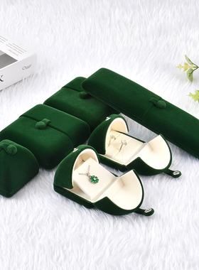 墨绿色珍珠盒绒布双开创意首饰盒戒指盒吊坠盒手链手镯子珠宝包装